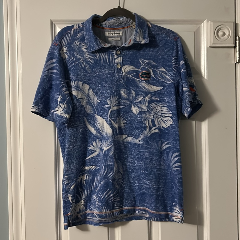 Tommy Bahama Blue and White Trim Fit polo short sleeve size medium